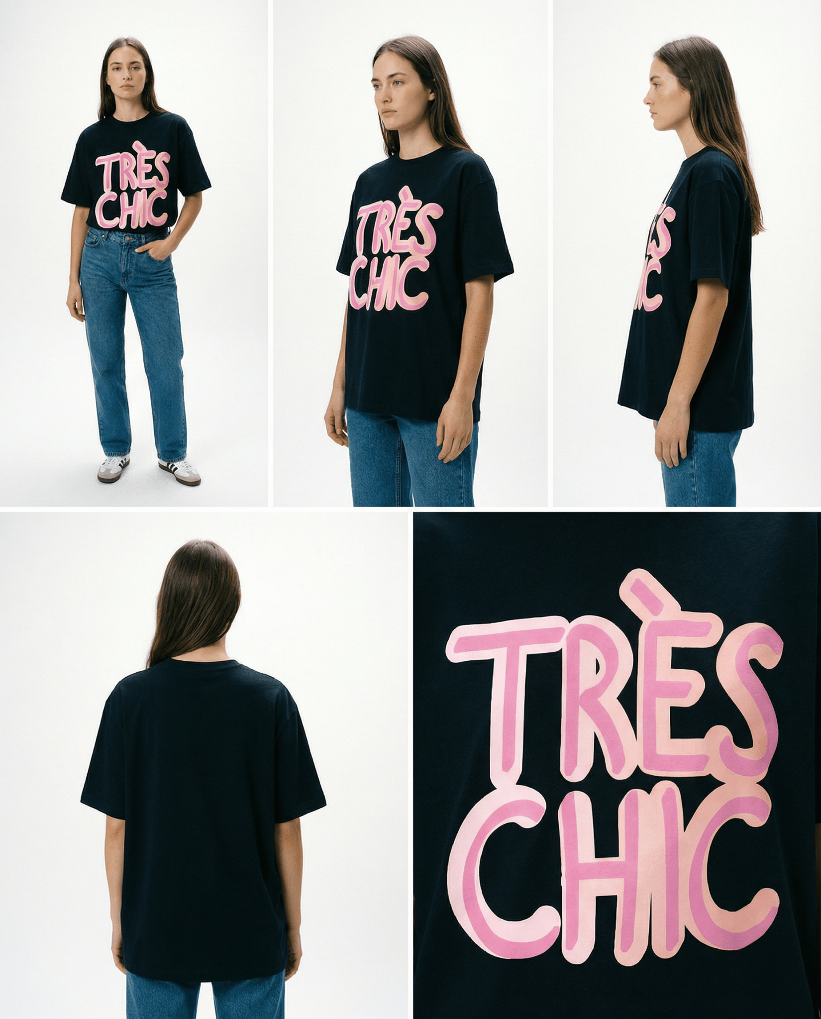 ネイビーカラーに映えるミニマルな「Très Chic」ロゴTシャツ