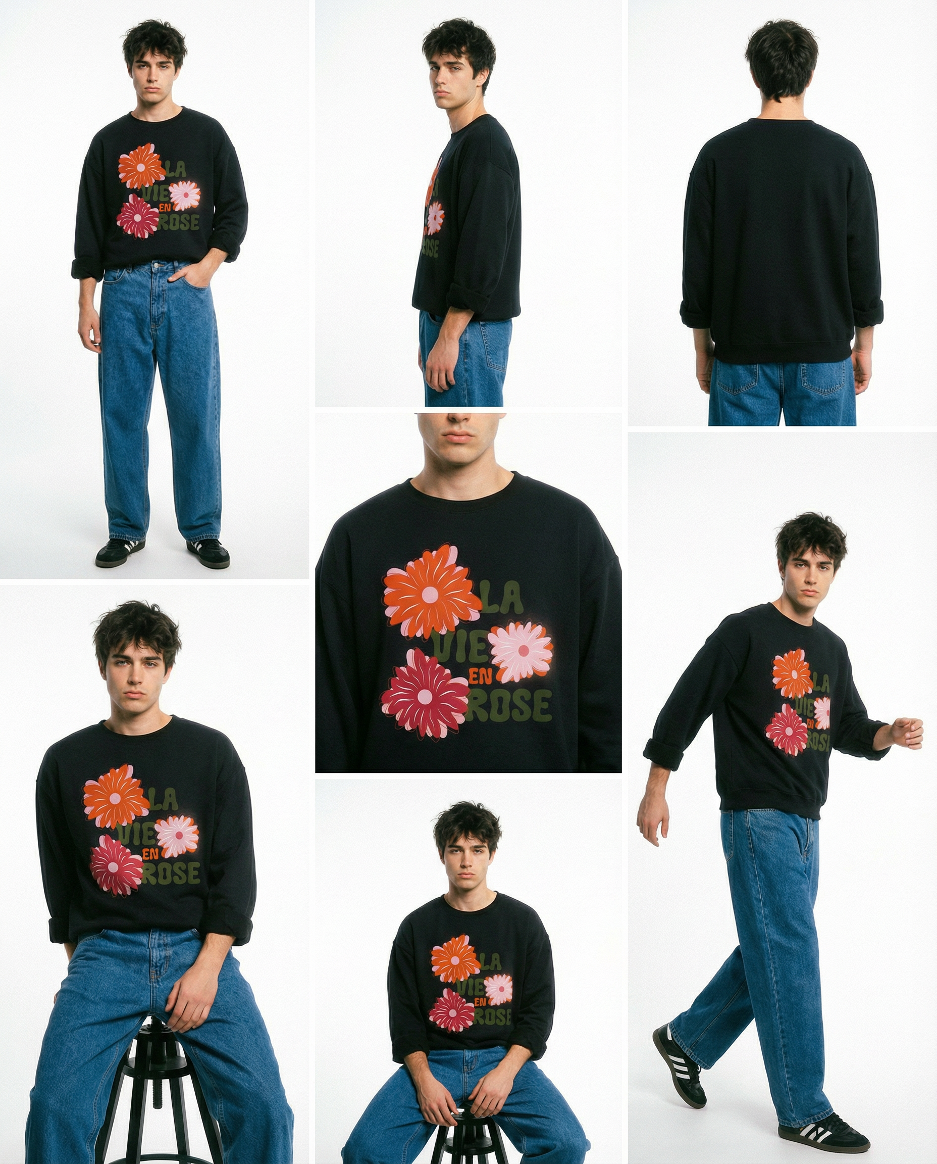 【極少生産・ユニセックス】「La Vie en Rose」3フラワー・プレミアムスウェット