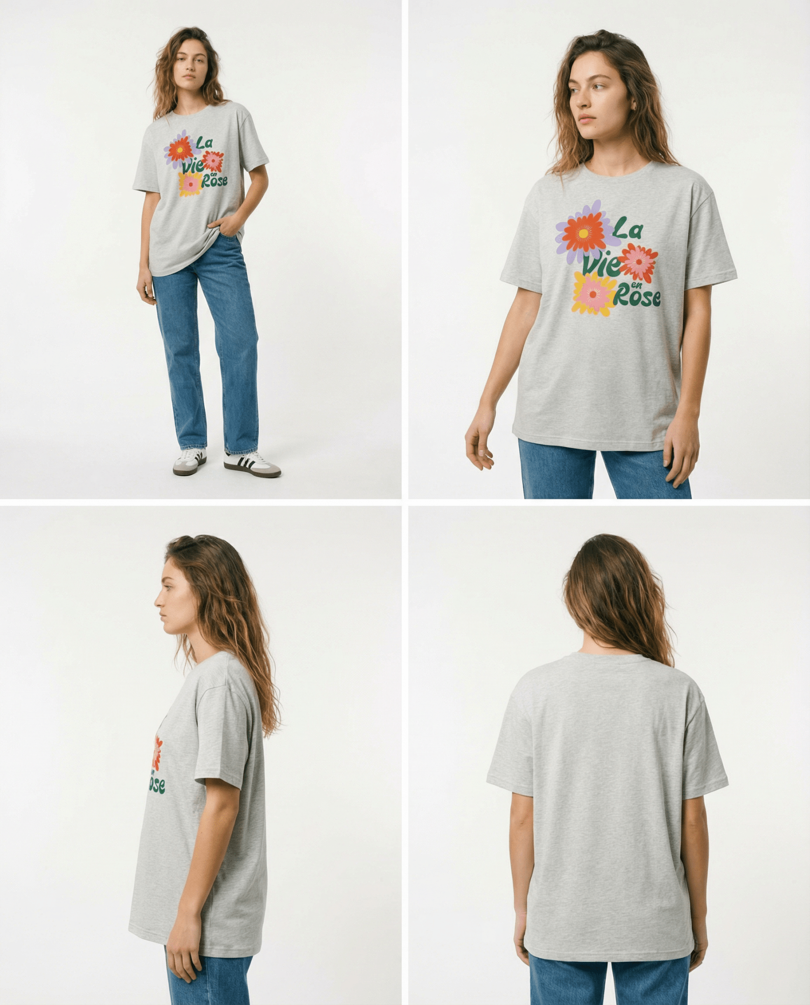 デニムと合わせたカジュアルシックな花柄Tシャツ