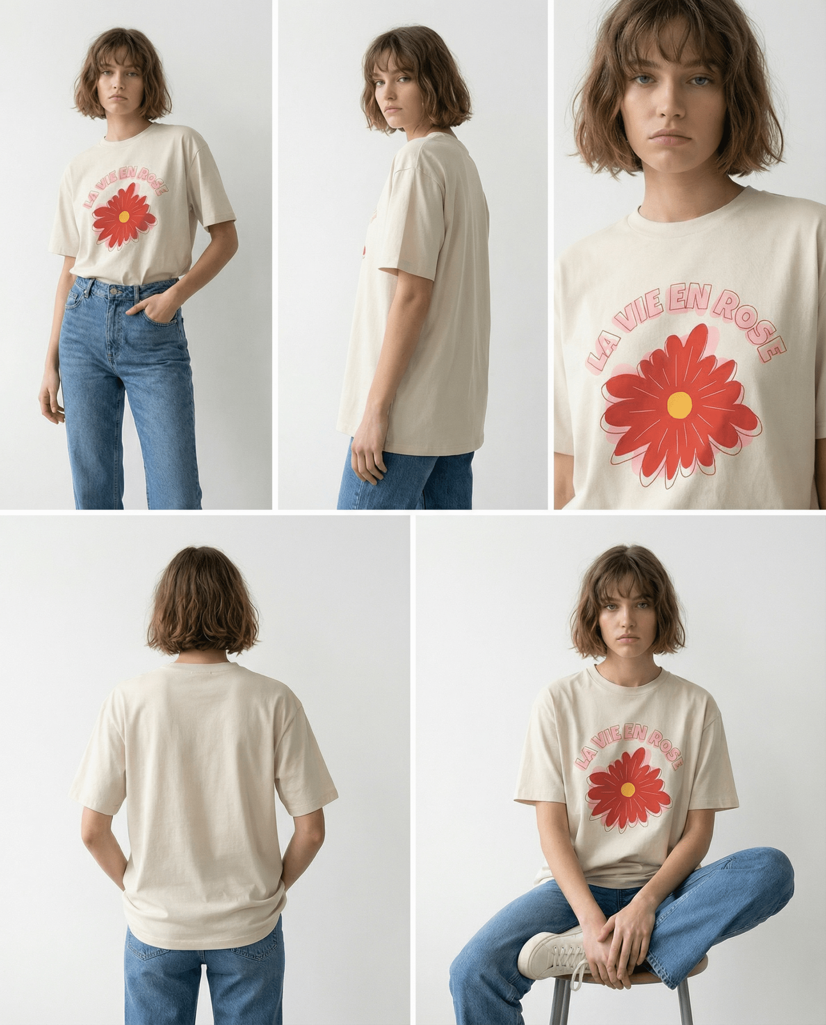 「LA VIE EN ROSE」フレンチレタリング エクリュ Tシャツ