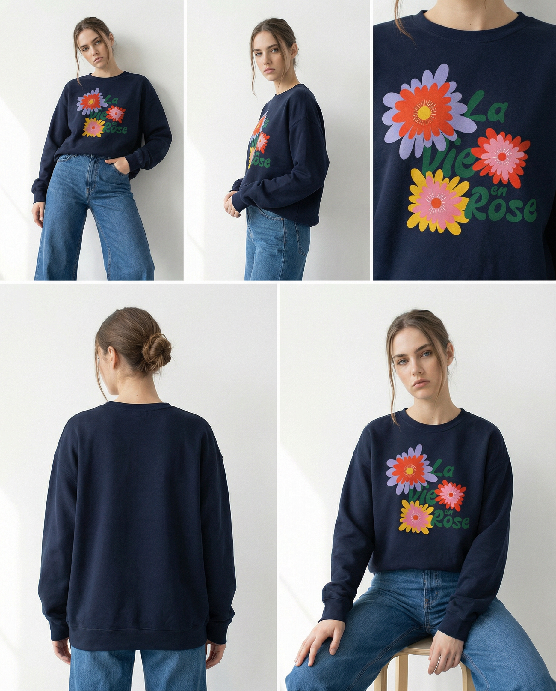 「La Vie en Rose」ユニセックス フレンチテリー スウェットシャツ (綿100%)