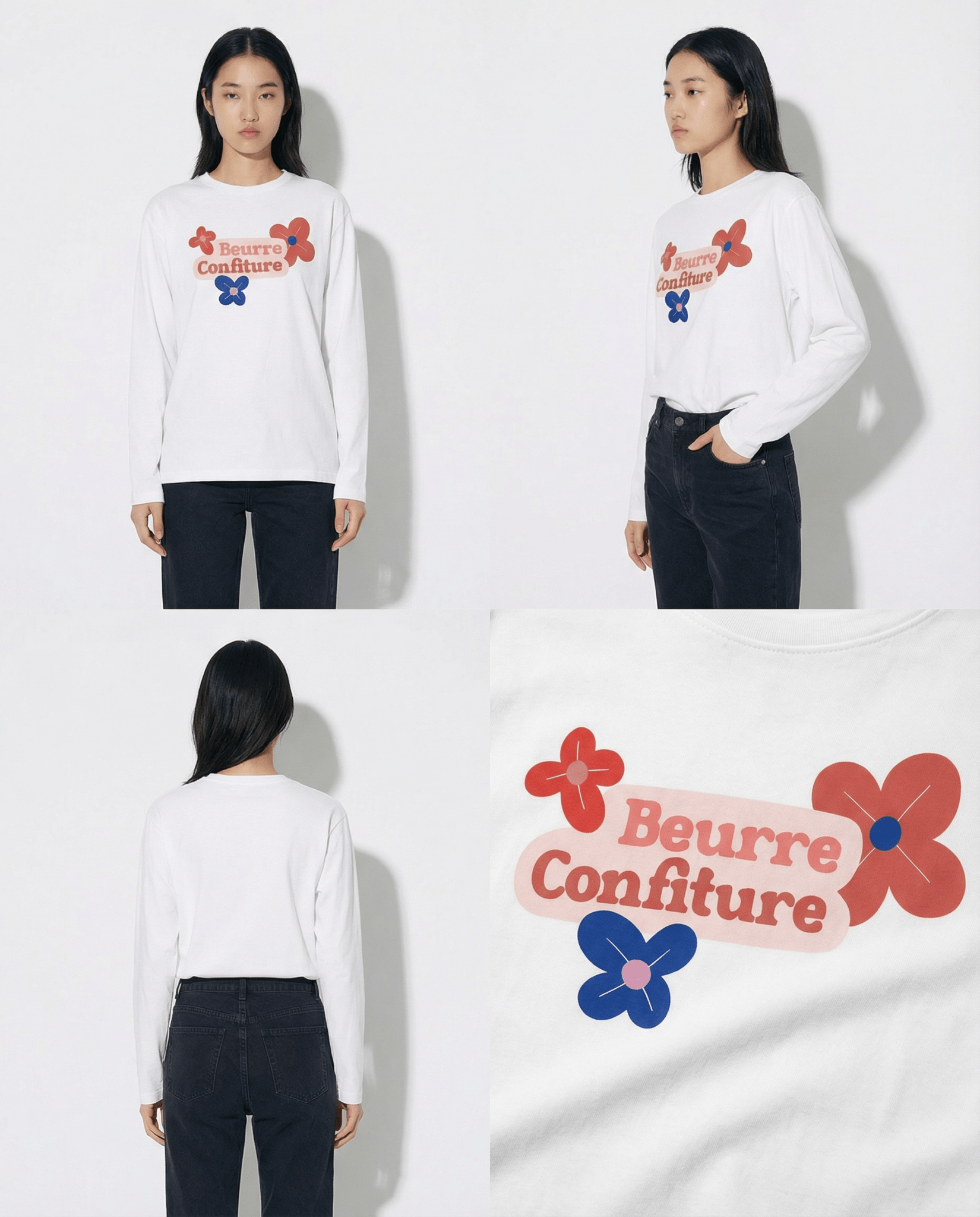 「BEURRE CONFITURE」ロゴ 3フラワー ヘビーウェイト長袖Tシャツ (Unisex)