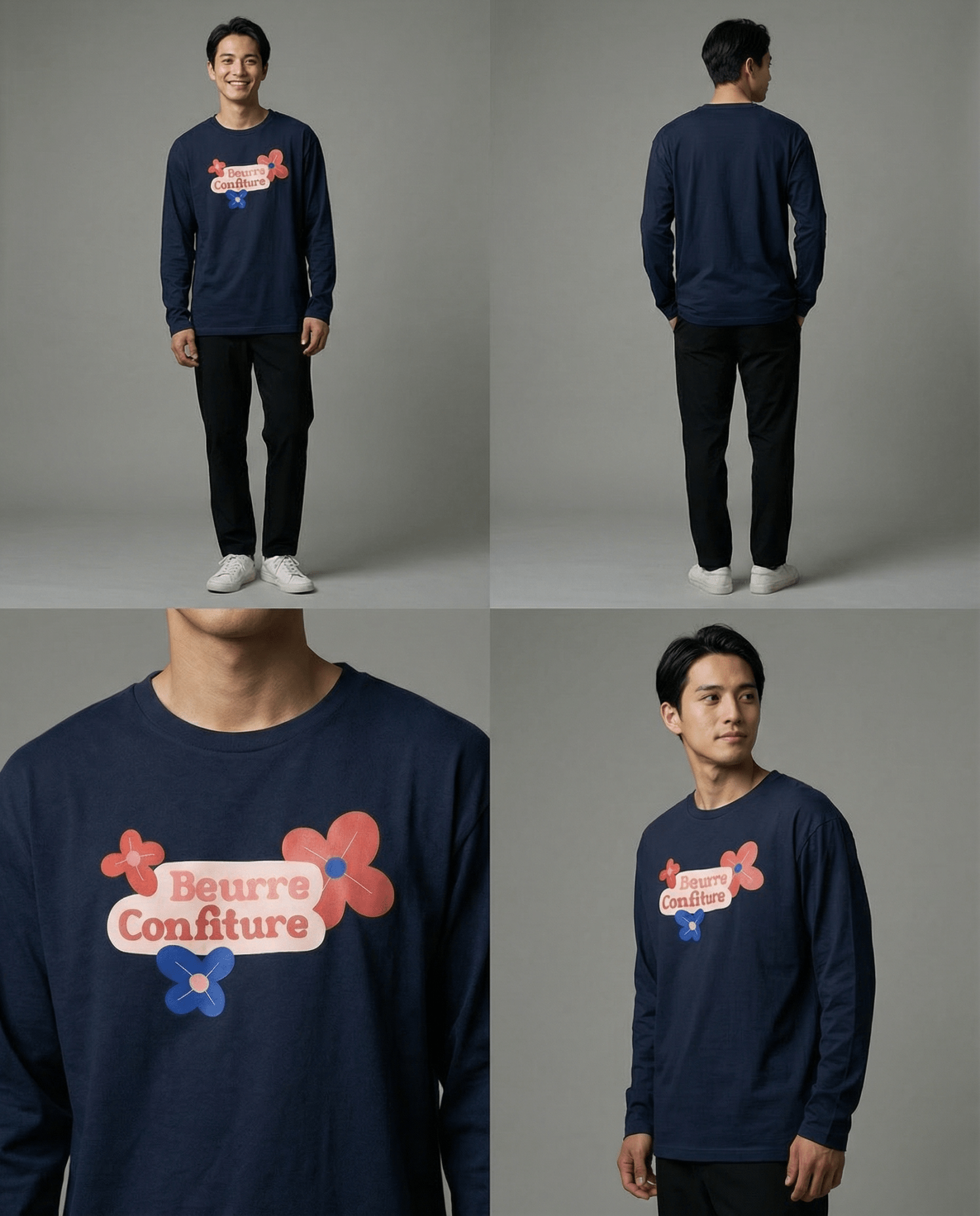 「BEURRE CONFITURE」ロゴ 3フラワー ヘビーウェイト長袖Tシャツ (Unisex)