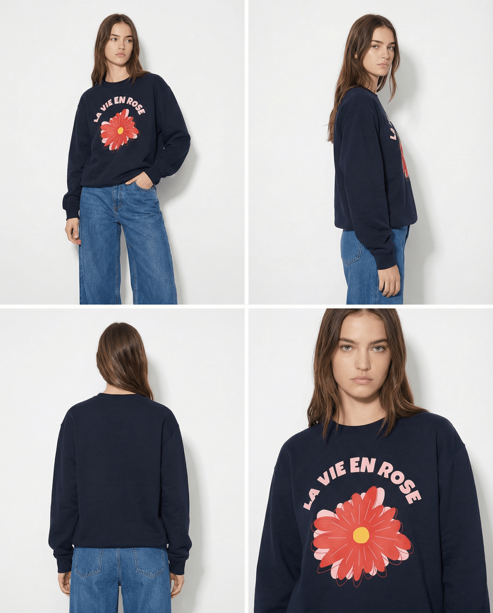 「LA VIE EN ROSE」フレンチレタリング ネイビー クルーネックスウェット