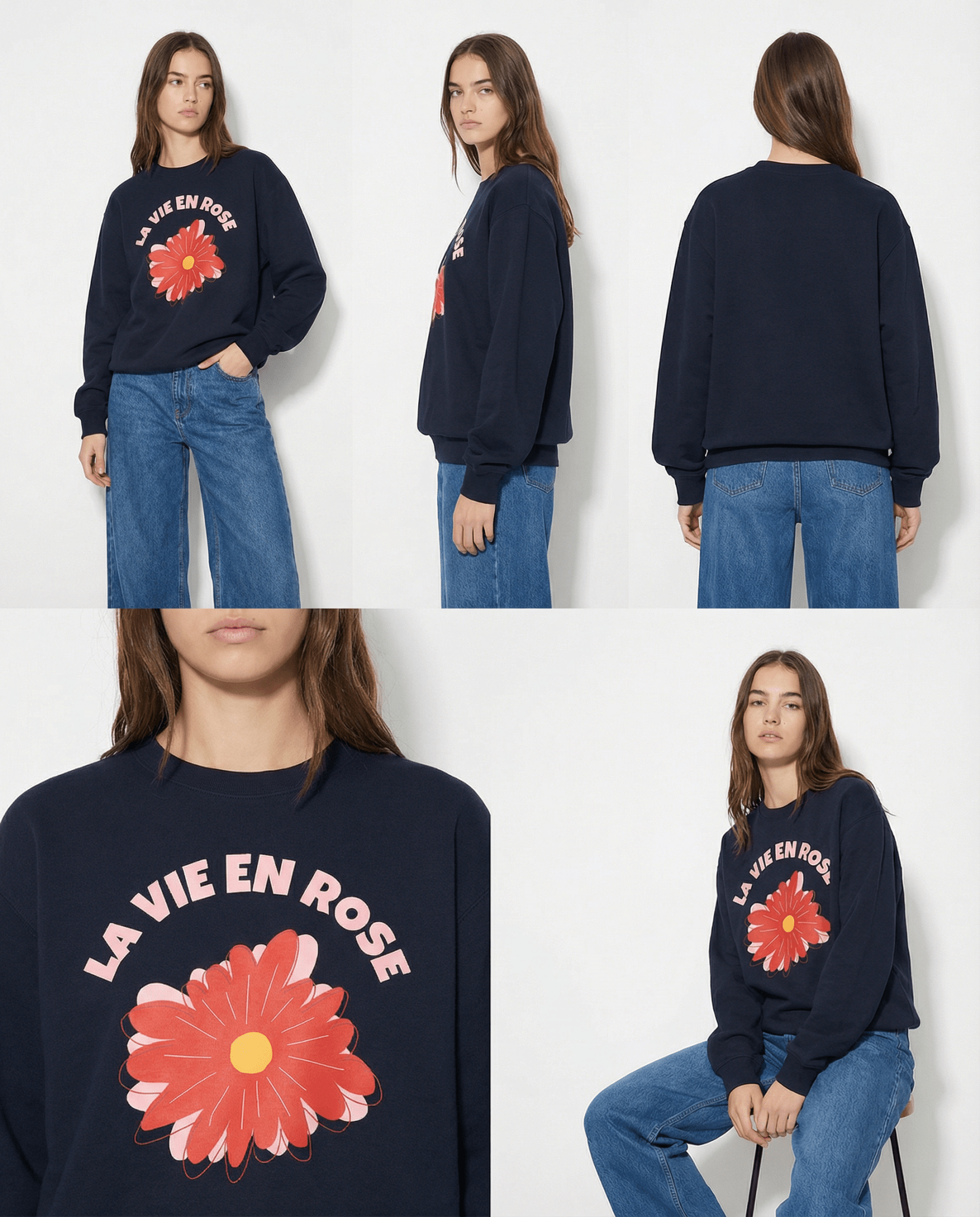 「LA VIE EN ROSE」フレンチレタリング ネイビー クルーネックスウェット