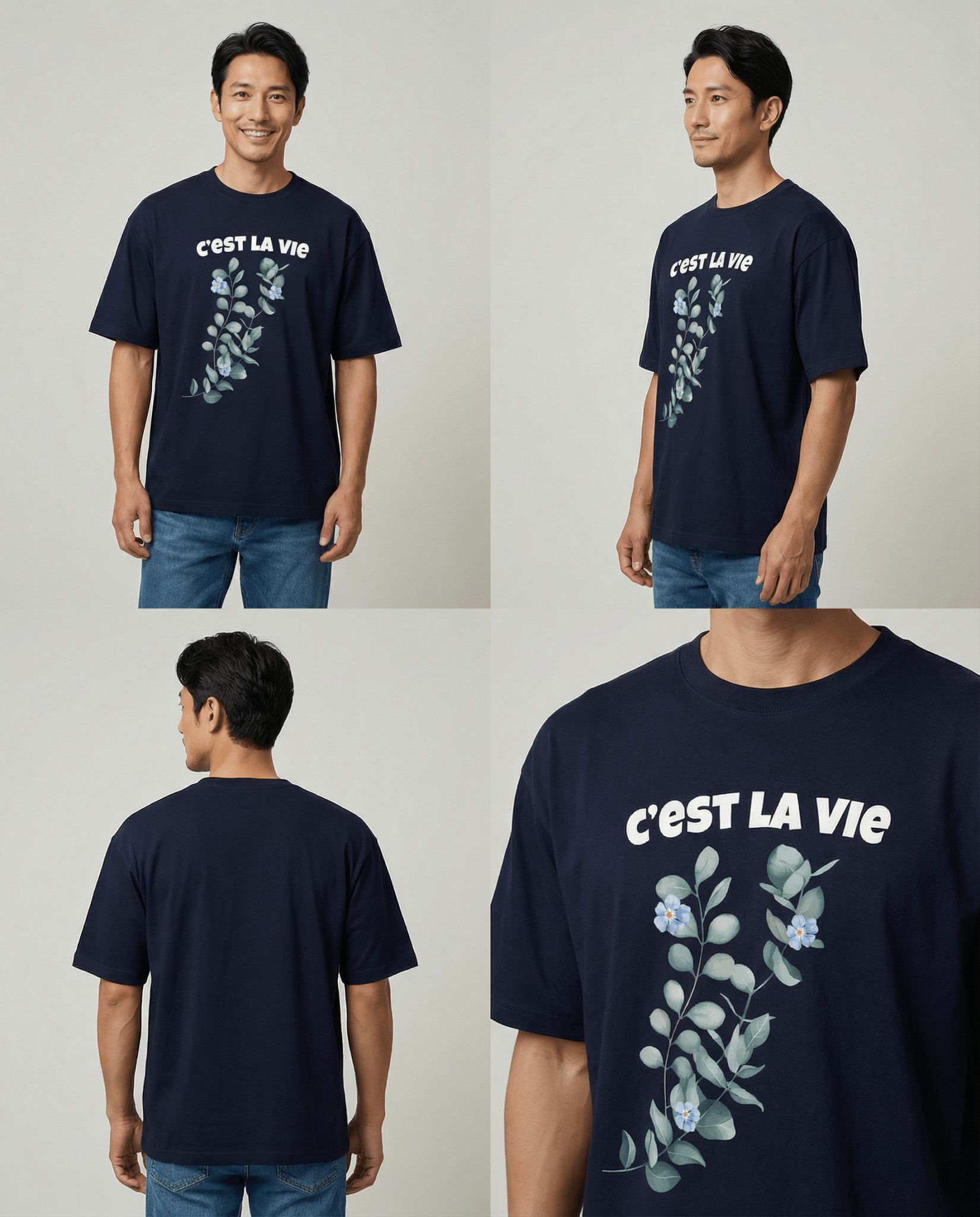 ネイビー・レッド・ロイヤルブルー展開のフラワーデザインTシャツ