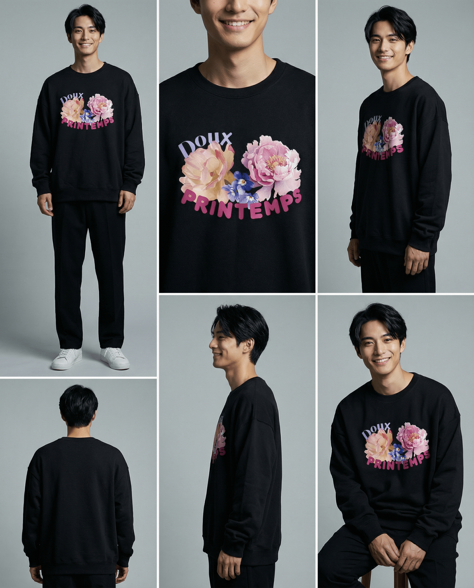 シャツとレイヤードしたモダンスタイルのボタニカルスウェット