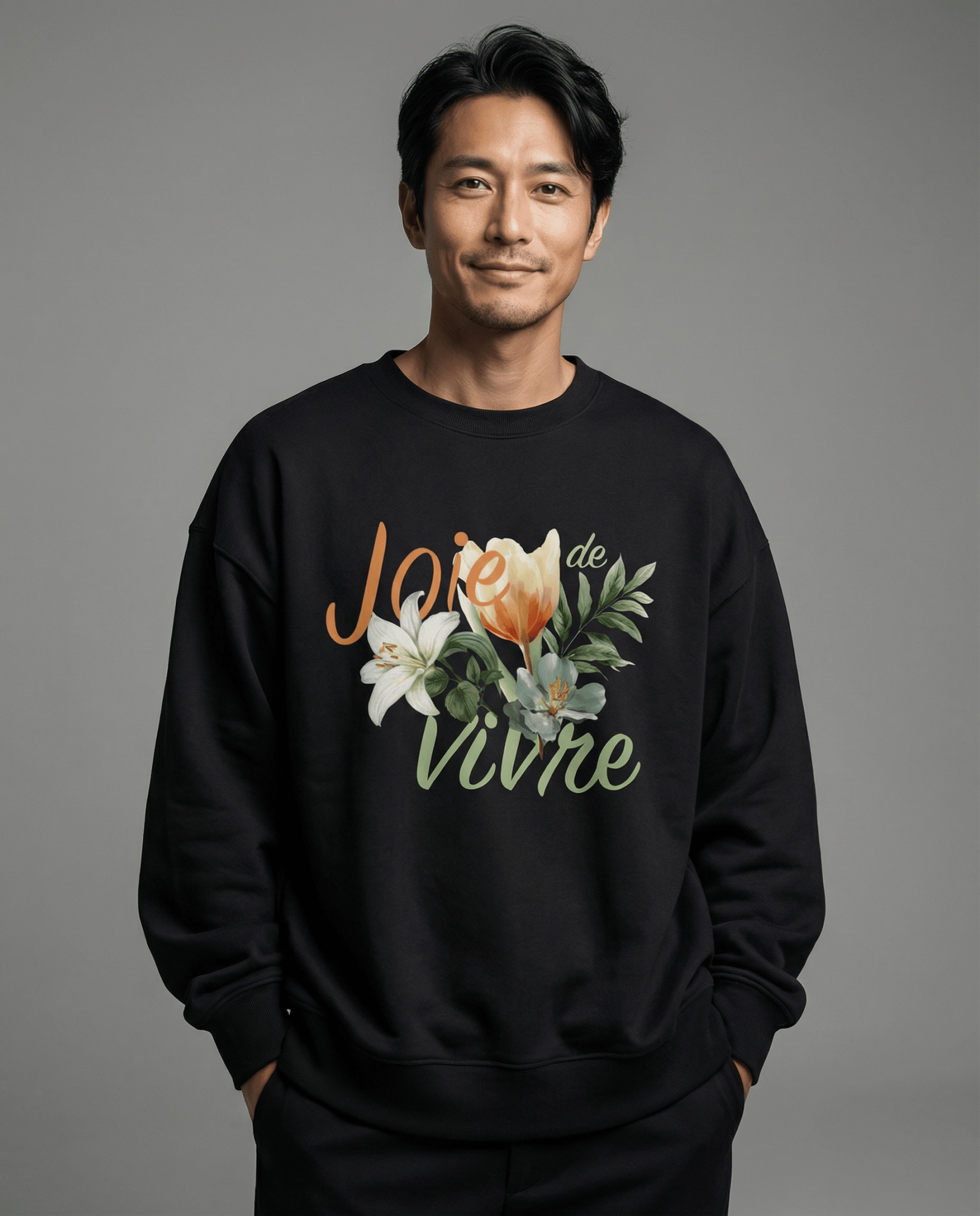 「JOIE DE VIVRE」スウェット ブラック メンズ カジュアルコーデ着用イメージ