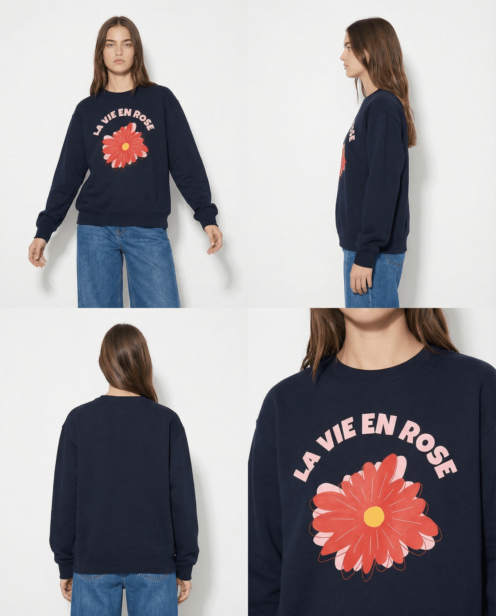 「LA VIE EN ROSE」フレンチレタリング ネイビー クルーネックスウェット