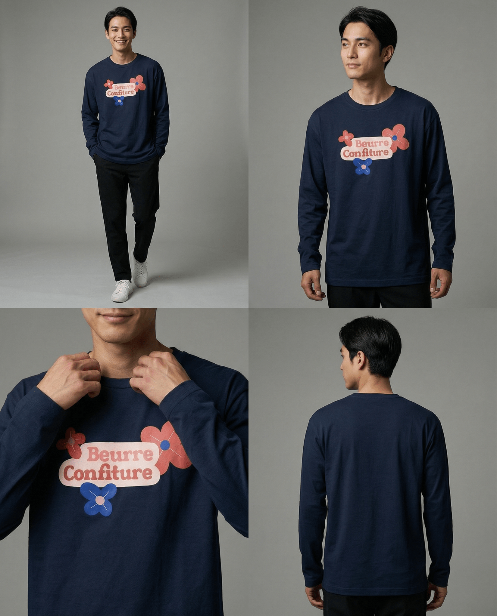 「BEURRE CONFITURE」ロゴ 3フラワー ヘビーウェイト長袖Tシャツ (Unisex)
