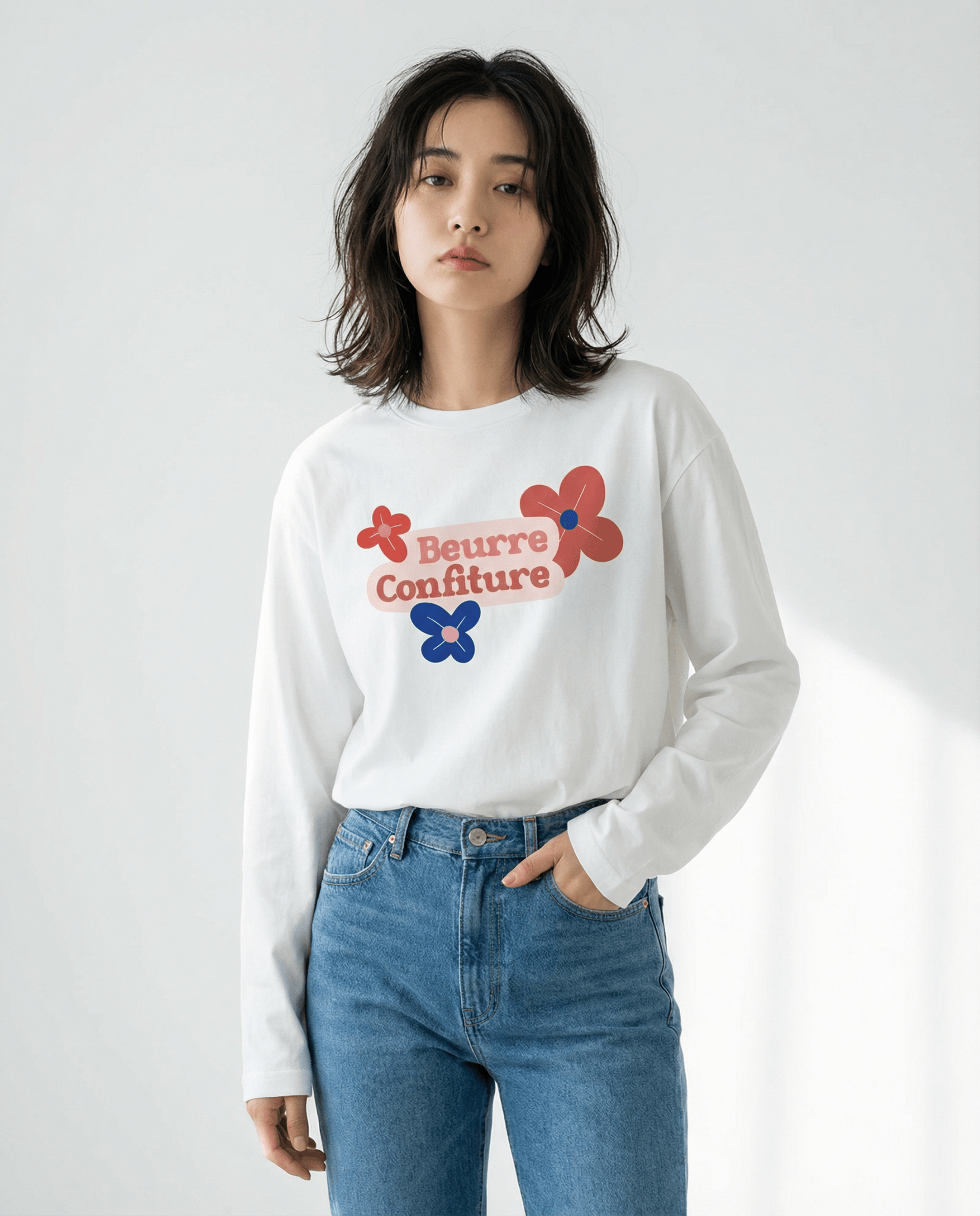 「BEURRE CONFITURE」ロゴ 3フラワー ヘビーウェイト長袖Tシャツ (Unisex)