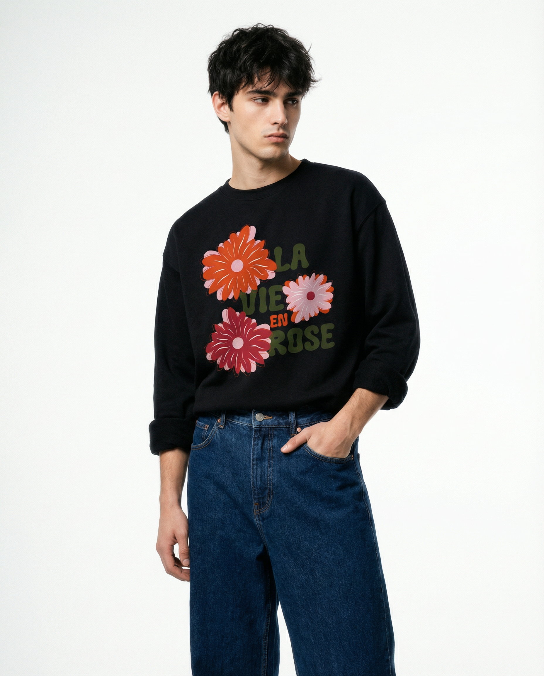 【極少生産・ユニセックス】「La Vie en Rose」3フラワー・プレミアムスウェット