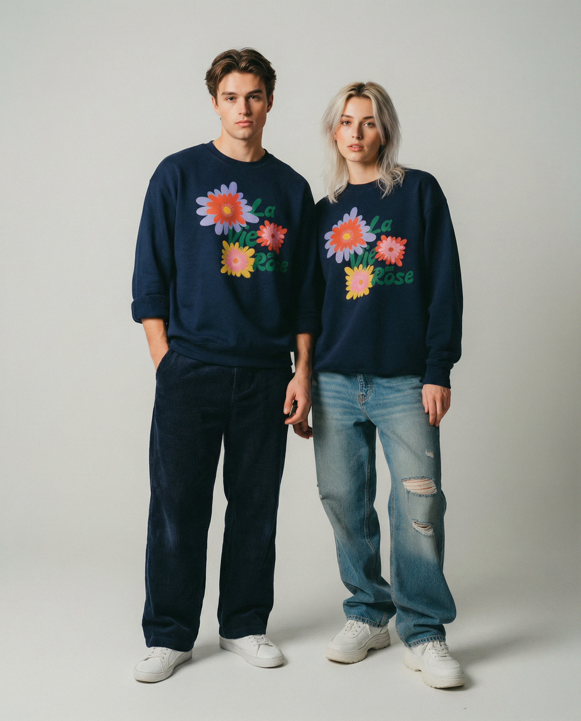 「La Vie en Rose」ユニセックス フレンチテリー スウェットシャツ (綿100%)