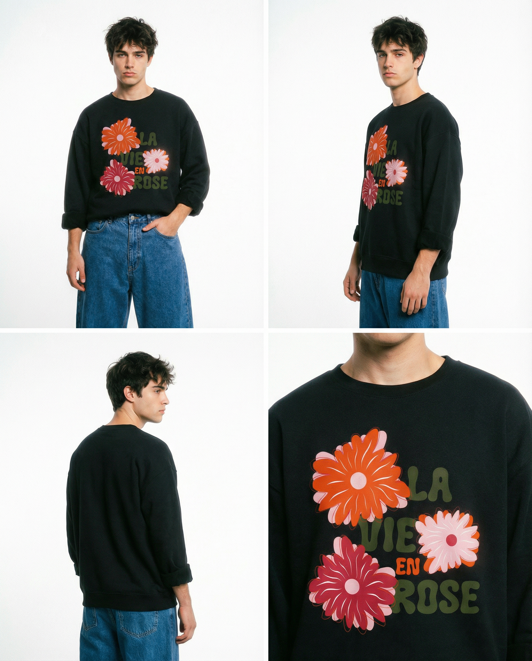 【極少生産・ユニセックス】「La Vie en Rose」3フラワー・プレミアムスウェット