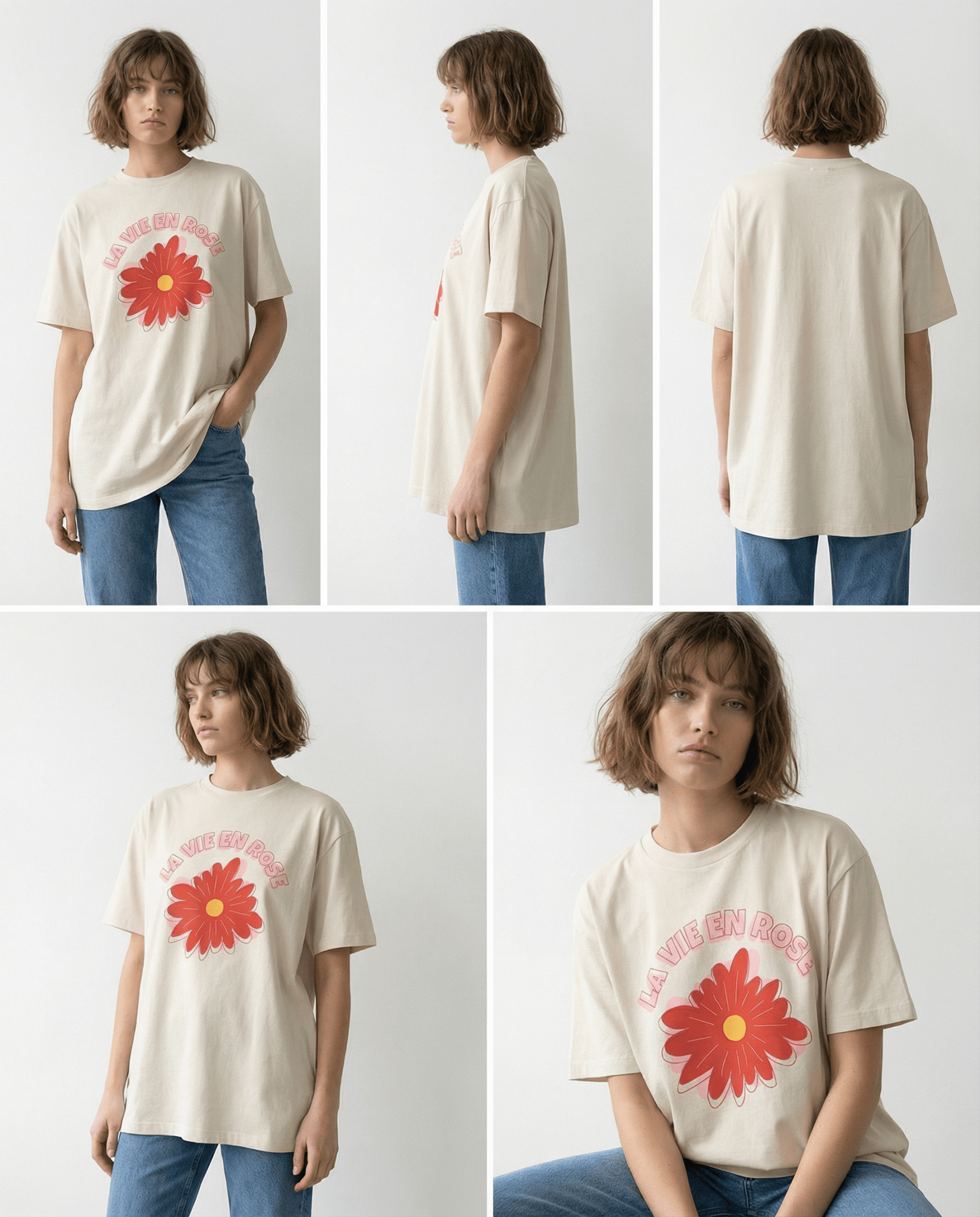 「LA VIE EN ROSE」フレンチレタリング エクリュ Tシャツ