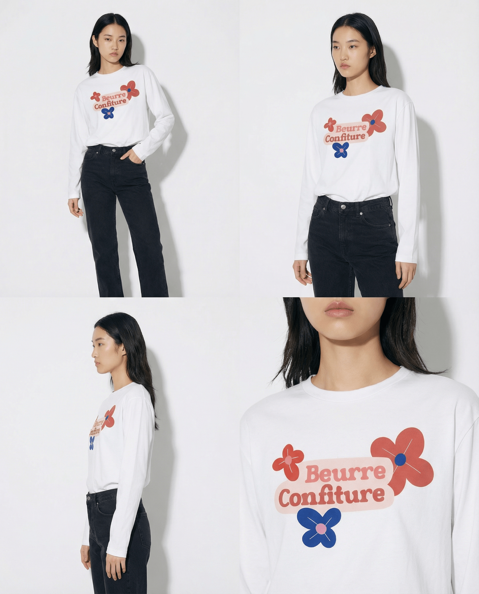 「BEURRE CONFITURE」ロゴ 3フラワー ヘビーウェイト長袖Tシャツ (Unisex)