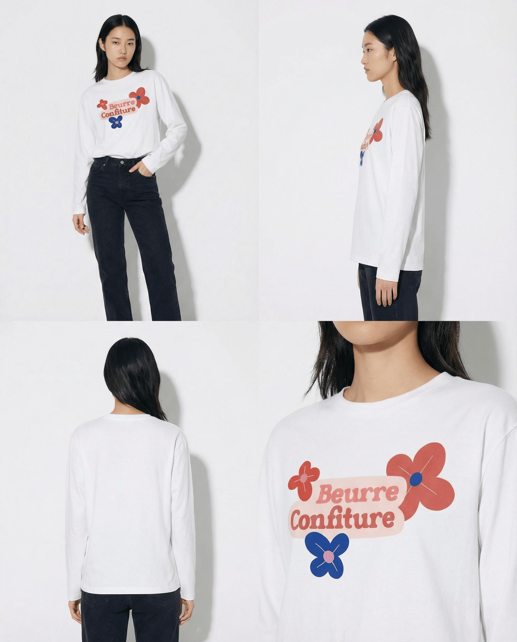 「BEURRE CONFITURE」ロゴ 3フラワー ヘビーウェイト長袖Tシャツ (Unisex)