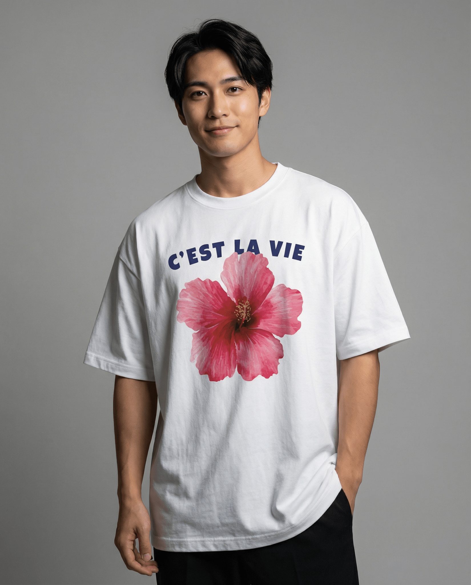 「C'EST LA VIE（これが人生）」フラワー 半袖Tシャツ ライトカラー (Unisex)