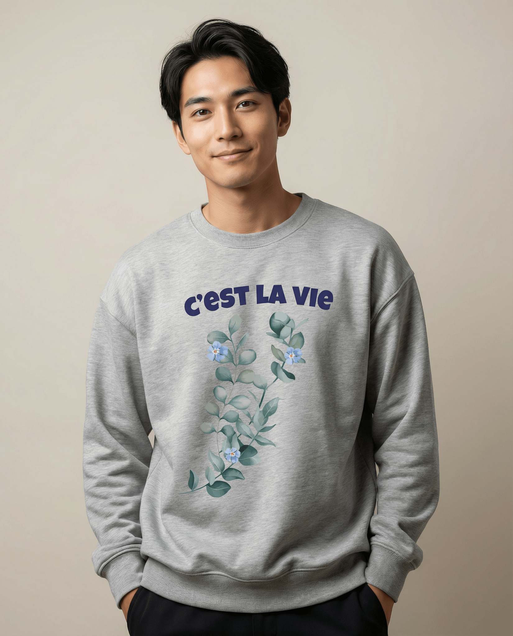 「C'EST LA VIE」ボタニカル ユニセックス クルーネックスウェット｜ライトカラー