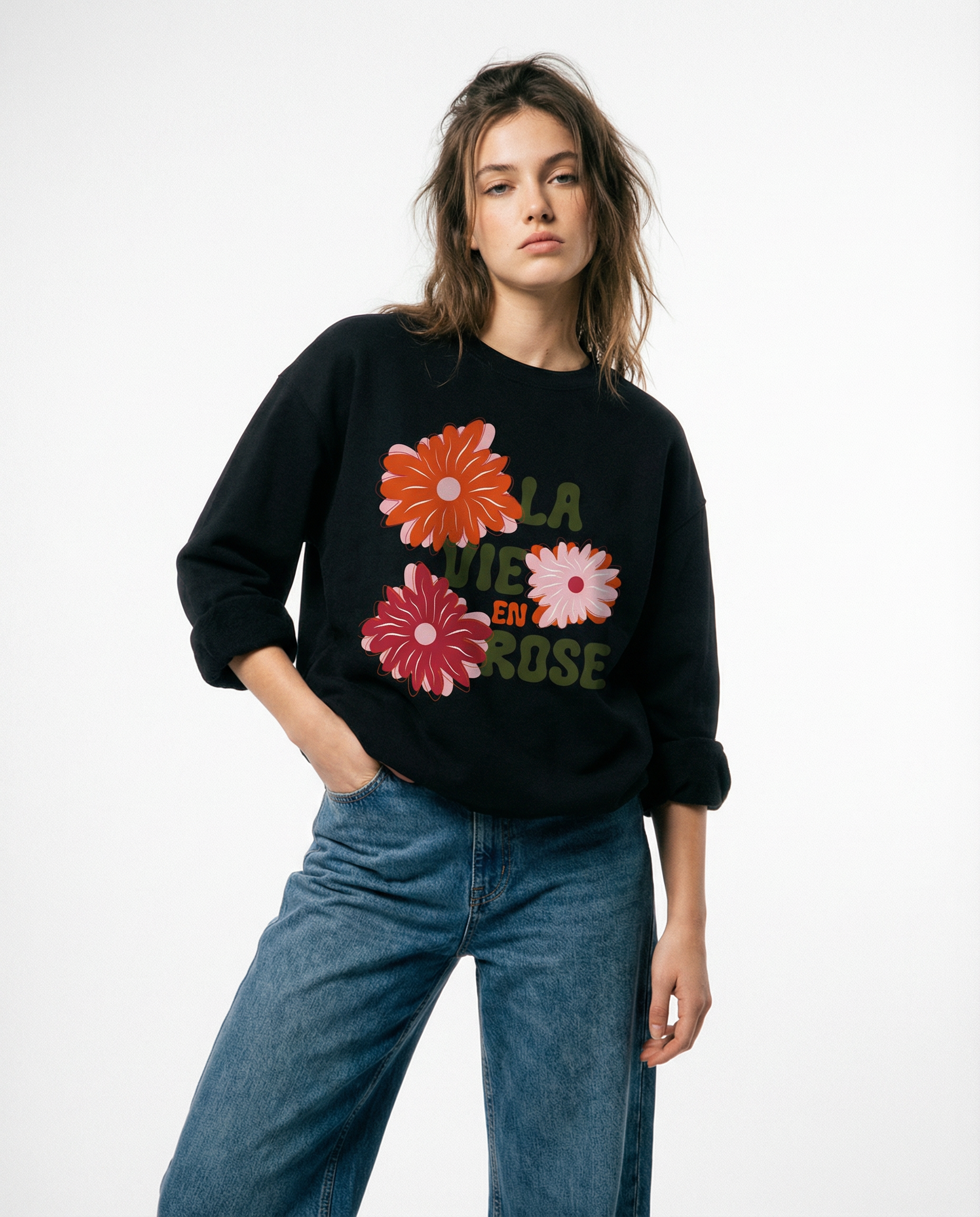 【極少生産・ユニセックス】「La Vie en Rose」3フラワー・プレミアムスウェット