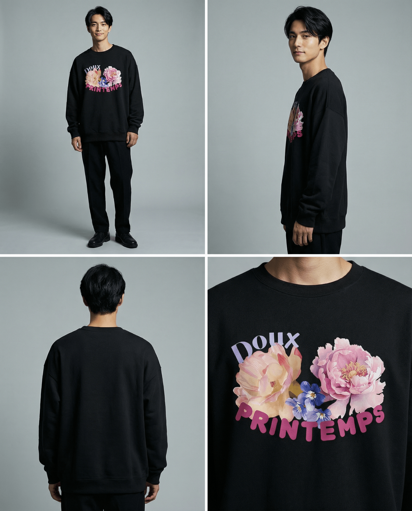 厚手コットン339gの花柄プリントスウェット（DOUX PRINTEMPSロゴ）