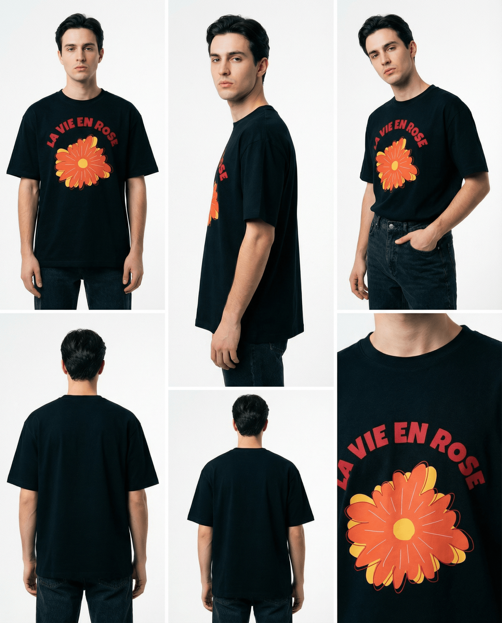 「LA VIE EN ROSE」フローラルTシャツ メンズ着用イメージ