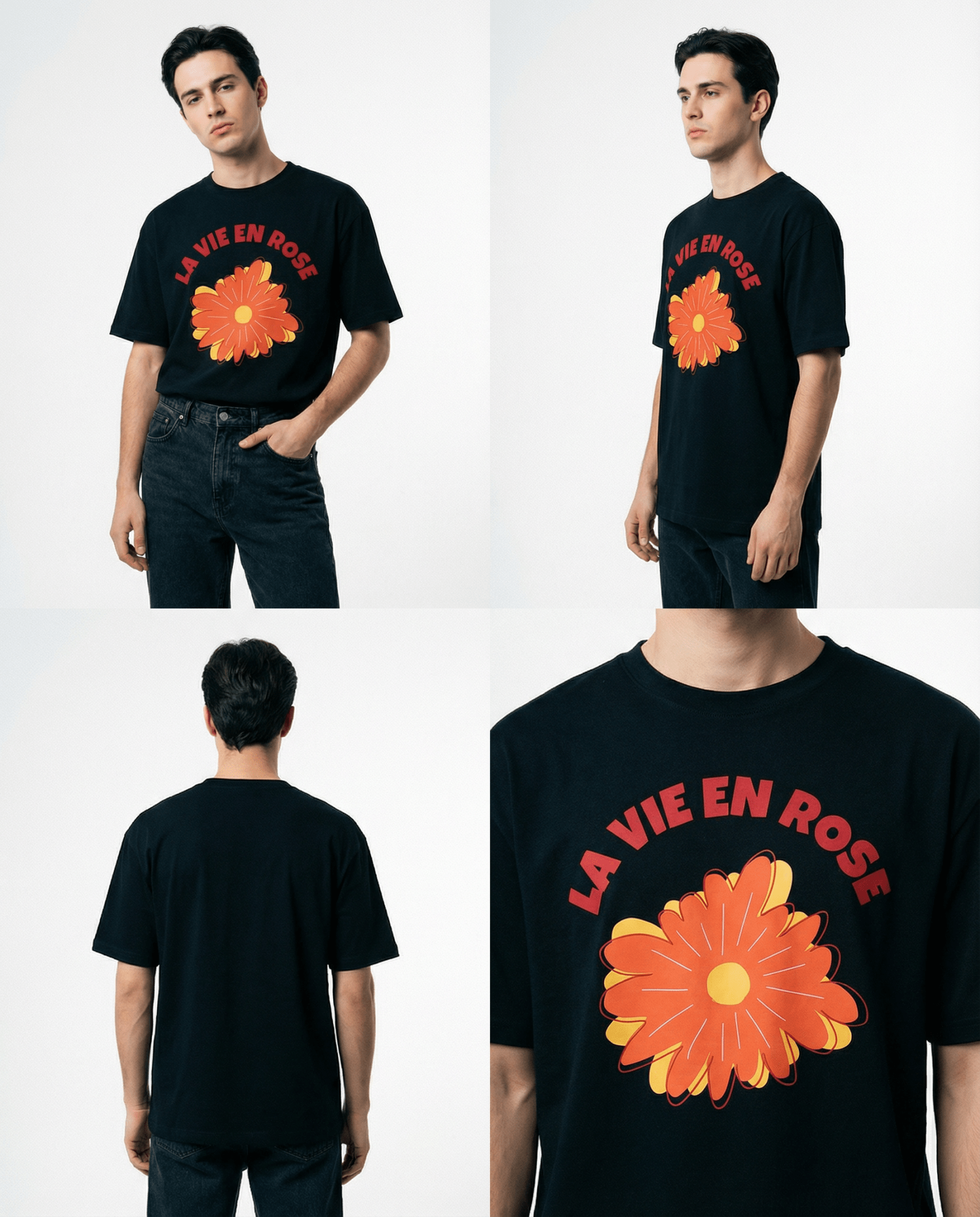 「LA VIE EN ROSE」フローラルTシャツ メンズ着用 別アングル