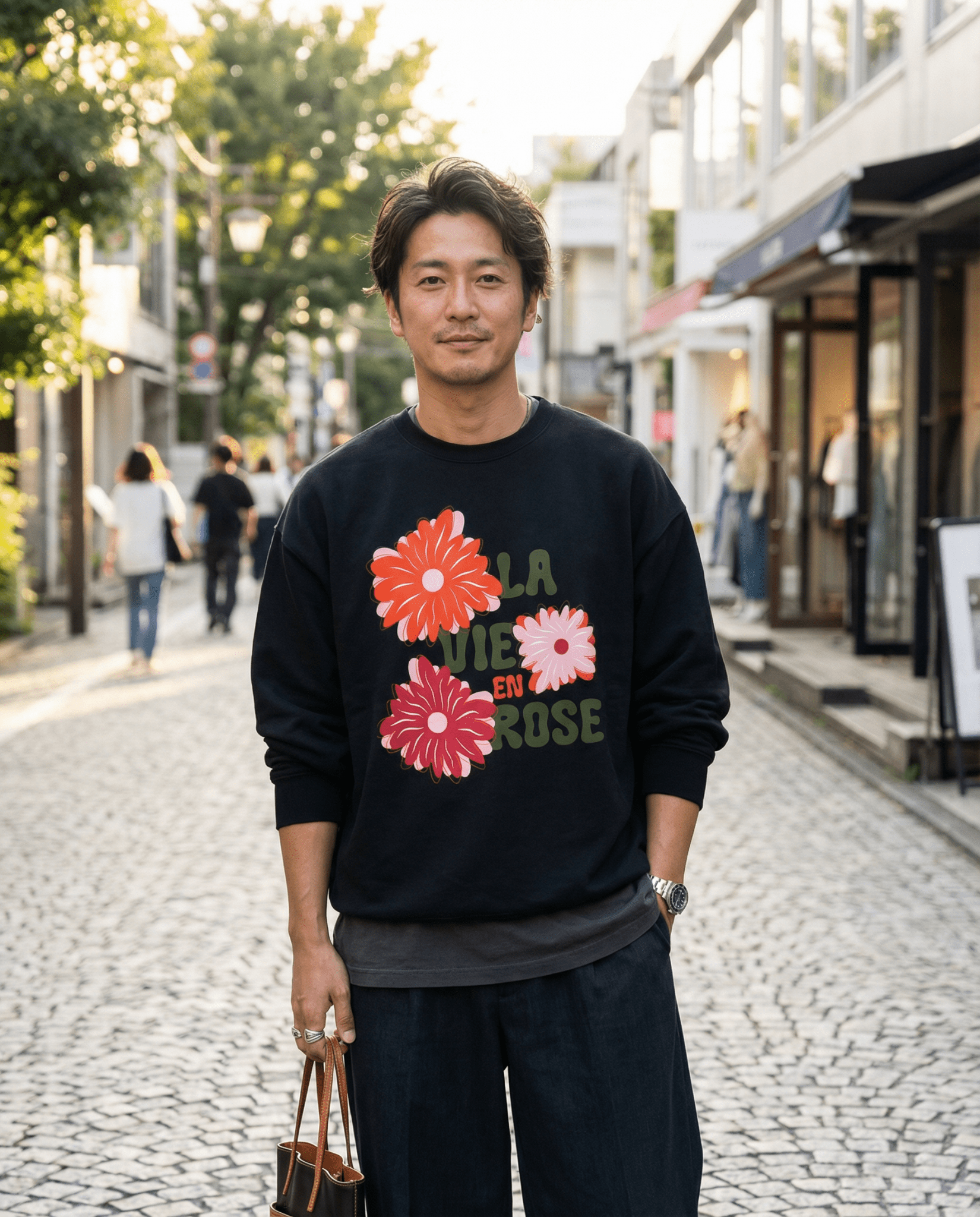上品な杢グレーの繊細なフラワーデザインスウェット