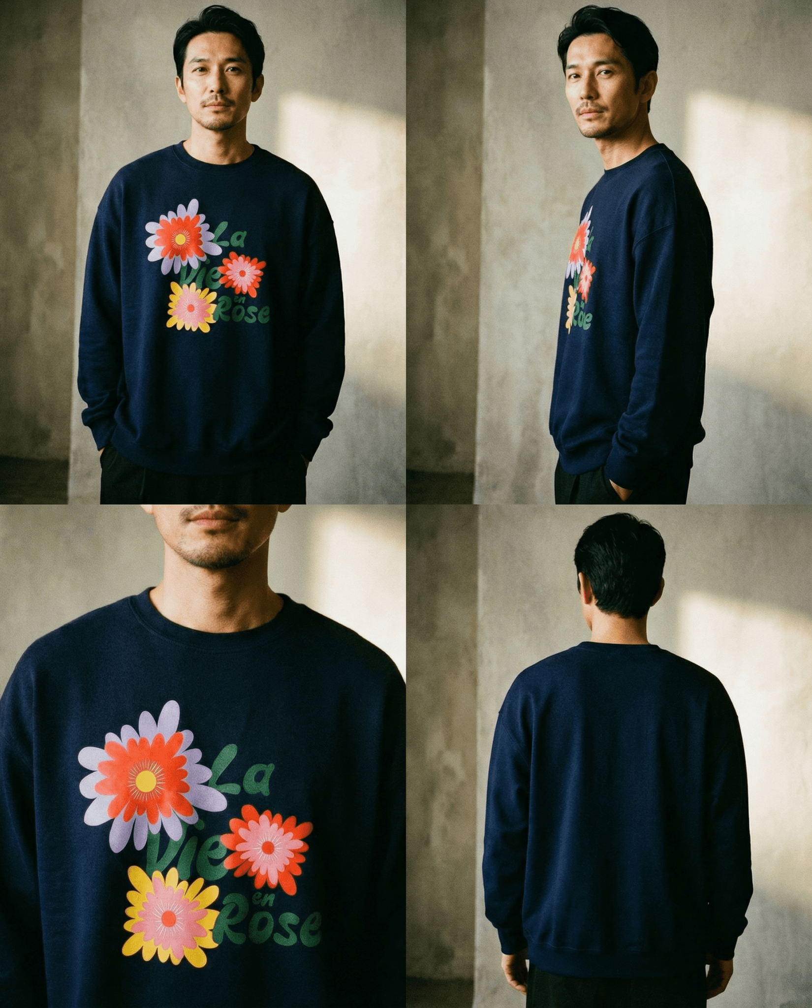 「LA VIE EN ROSE」スウェット メンズ着用 斜めアングル