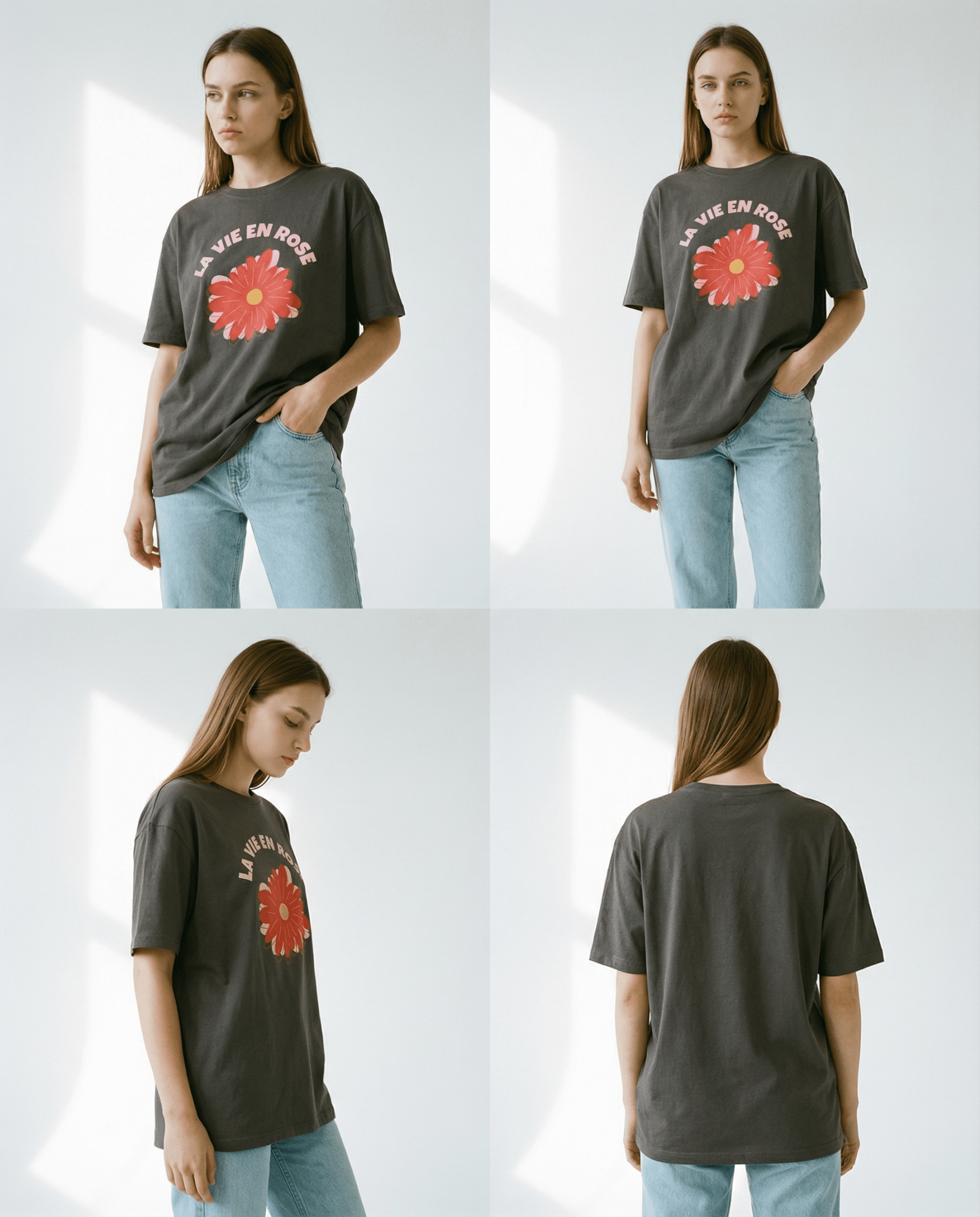 フレンチカジュアルを演出する花モチーフTシャツ着用イメージ
