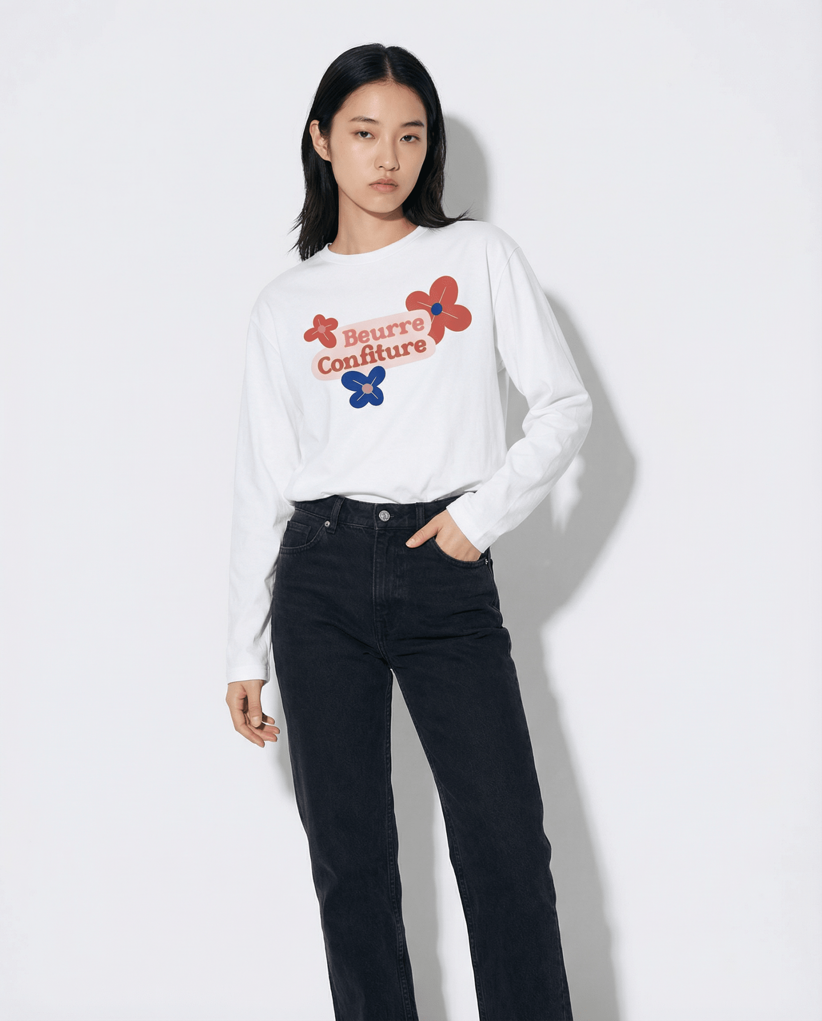「BEURRE CONFITURE」ロゴ 3フラワー ヘビーウェイト長袖Tシャツ (Unisex)